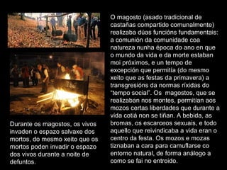 O magosto (asado tradicional de castañas compartido comunalmente) realizaba dúas funcións fundamentais: a comunión da comunidade coa natureza nunha época do ano en que o mundo da vida e da morte estaban moi próximos, e un tempo de excepción que permitía (do mesmo xeito que as festas da primavera) a transgresións da normas ríxidas do “tempo social”. Os  magostos, que se realizaban nos montes, permitían aos mozos certas liberdades que durante a vida cotiá non se tiñan. A bebida, as bromas, os escarceos sexuais, e todo aquello que reivindicaba a vida eran o centro da festa. Os mozos e mozas tiznaban a cara para camuflarse co entorno natural, de forma análogo a como se fai no entroido.  Durante os magostos, os vivos invaden o espazo salvaxe dos mortos, do mesmo xeito que os mortos poden invadir o espazo dos vivos durante a noite de defuntos.  