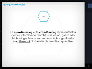 quelques exemples                                                  1




                                c2c




     Le crowdsourcing et le crowdfunding représentent la
      démocratisation de marchés virtuels où, grâce à la
      technologie, les consommateurs échangent entre
       eux, éliminant ainsi le rôle de l’entité corporative.




                                                               7
 