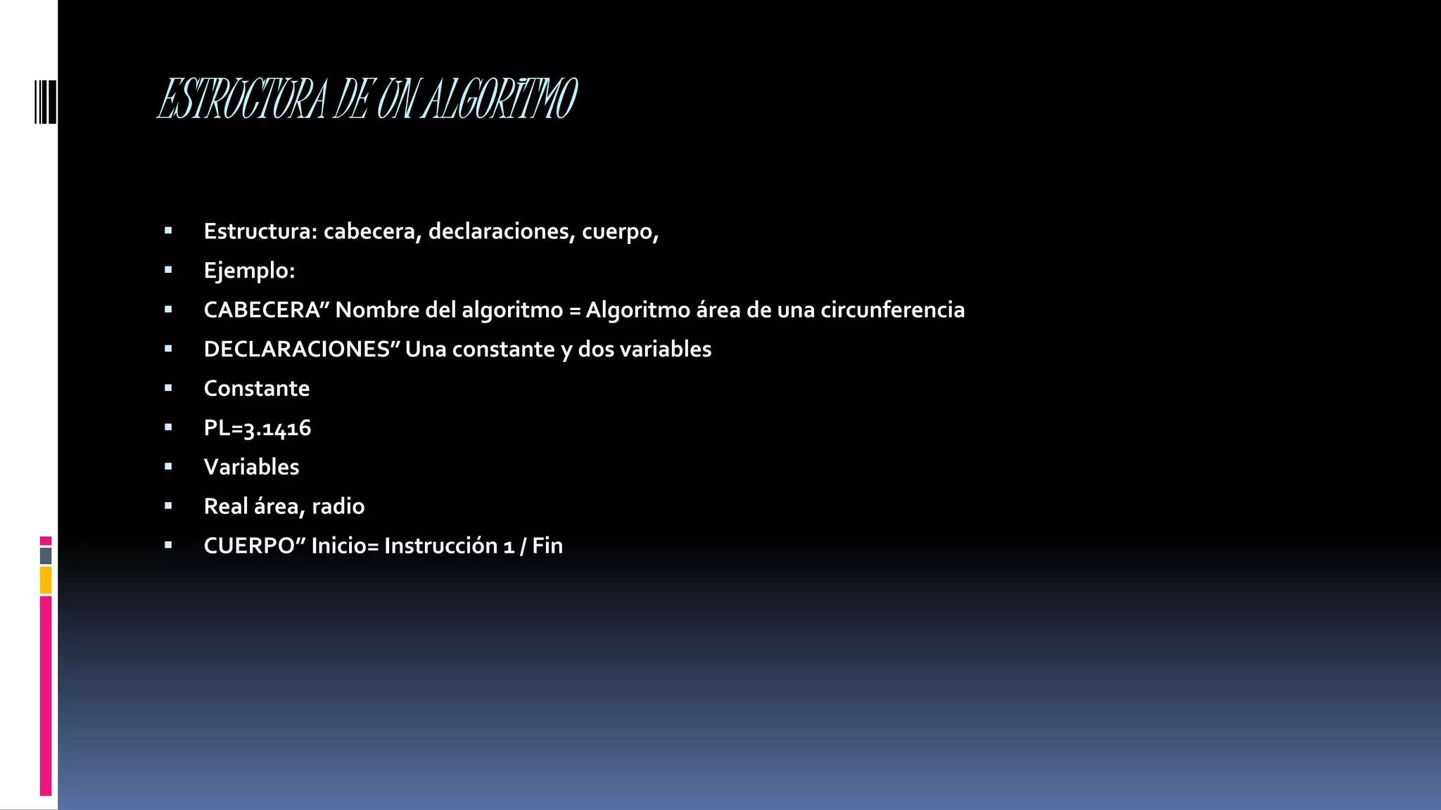 ESTRUCTURADEUNALGORITMO
 Estructura: cabecera, declaraciones, cuerpo,
 Ejemplo:
 CABECERA” Nombre del algoritmo = Algoritmo área de una circunferencia
 DECLARACIONES” Una constante y dos variables
 Constante
 PL=3.1416
 Variables
 Real área, radio
 CUERPO” Inicio= Instrucción 1 / Fin
 