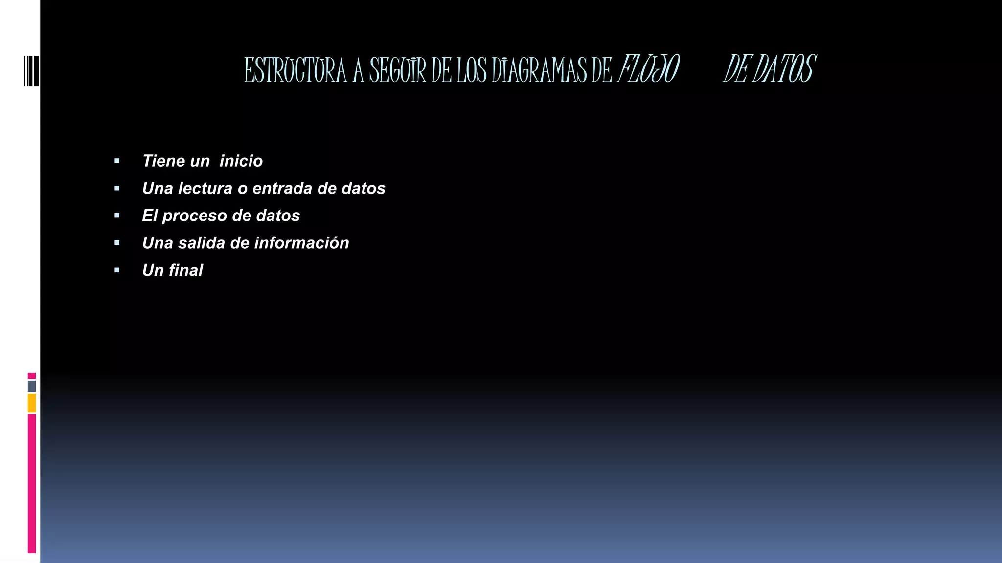 ESTRUCTURAASEGUIRDELOSDIAGRAMASDEFLUJO DEDATOS
 Tiene un inicio
 Una lectura o entrada de datos
 El proceso de datos
 Una salida de información
 Un final
 