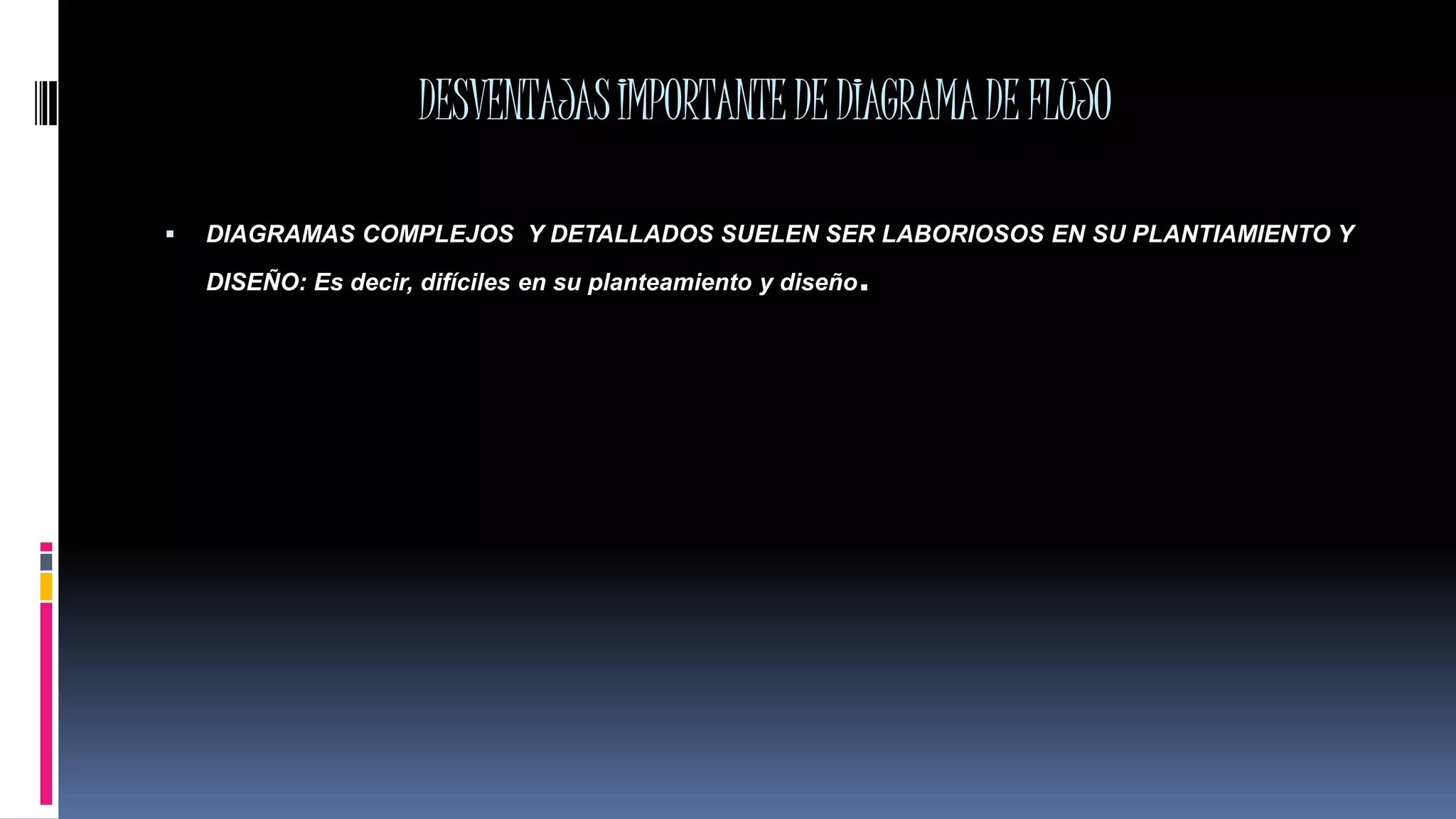 DESVENTAJASIMPORTANTEDEDIAGRAMADEFLUJO
 DIAGRAMAS COMPLEJOS Y DETALLADOS SUELEN SER LABORIOSOS EN SU PLANTIAMIENTO Y
DISEÑO: Es decir, difíciles en su planteamiento y diseño.
 