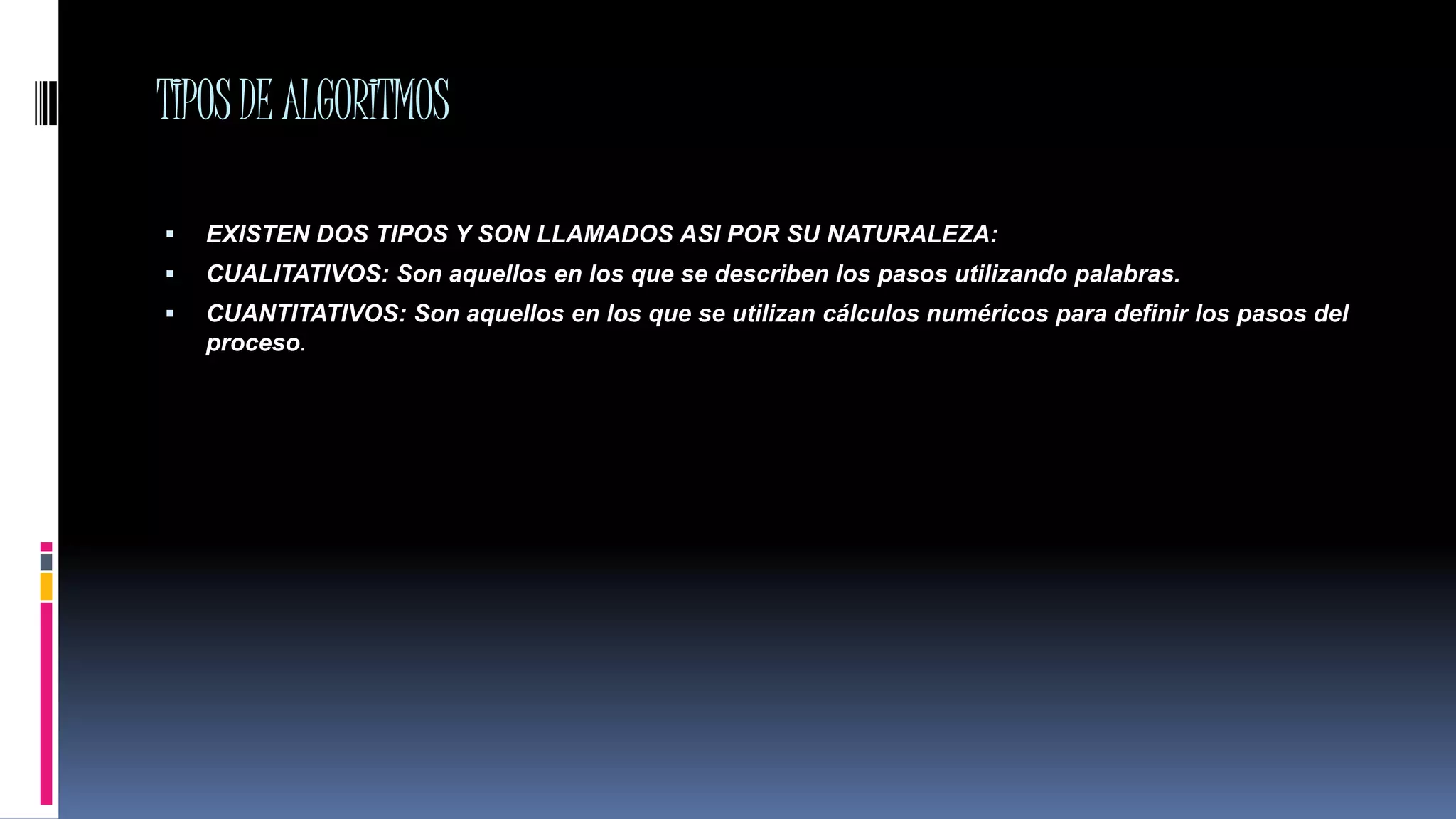 TIPOSDEALGORITMOS
 EXISTEN DOS TIPOS Y SON LLAMADOS ASI POR SU NATURALEZA:
 CUALITATIVOS: Son aquellos en los que se describen los pasos utilizando palabras.
 CUANTITATIVOS: Son aquellos en los que se utilizan cálculos numéricos para definir los pasos del
proceso.
 