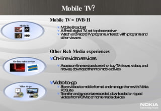 Mobile TV = DVB-H Mobile Broadcast  A Small digital TV, set top box receiver Watch and record TV programs, interact with programs and other viewers Other Rich Media experiences On-line video services Access on-line services to rent or buy TV shows, videos, and movies; download them to mobile device Video to-go Store videos to mobile format and manage them with Nokia PC Suite Transfer and syncronize recorded, downloaded or ripped videos from PC/Mac or home media devices Mobile TV? MobileTV On-line video services Video to-go 