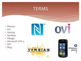TERMS


Phones
Ovi
Navteq
Symbian
Meego
Microsoft WP7.5
NFC
Bing
 