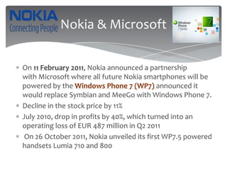 Nokia & Microsoft

On 11 February 2011, Nokia announced a partnership
with Microsoft where all future Nokia smartphones will be
powered by the Windows Phone 7 (WP7) announced it
would replace Symbian and MeeGo with Windows Phone 7.
Decline in the stock price by 11%
July 2010, drop in profits by 40%, which turned into an
operating loss of EUR 487 million in Q2 2011
 On 26 October 2011, Nokia unveiled its first WP7.5 powered
handsets Lumia 710 and 800
 
