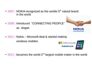 ●
2007 : NOKIA recognized as the worlds 5th
valued brand
in the world
● 2008 : Introduced “CONNECTING PEOPLE”
as slogan
● 2011 : Nokia – Microsoft deal & started making
windows mobiles
●
2012 : becames the world 2nd
largest mobile maker in the world
 