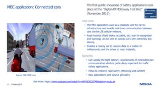 Use case
• The MEC application used as a roadside unit for car-to-
infrastructure and enable real-time communication between
cars via the LTE cellular network.
• Road hazards (hand brake, accident, etc.) can be recognized
and warnings can be sent to nearby cars with extremely low
latency.
• Enables a nearby car to receive data in a matter of
milliseconds, and the driver to react instantly.
Benefits
• Can satisfy the tight latency requirements of connected cars
communication which is particularly important for traffic
safety applications.
• Helps to improve road safety, efficiency and comfort
• New applications and service providers
MEC application: Connected cars
Source: 360.HERE.com
See more: https://www.youtube.com/watch?v=rbPH3OGO2F4&feature=youtu.be
The first public showcase of safety applications took
place at the "Digital A9 Motorway Test Bed“
(November 2015)
11 © Nokia 2017
 