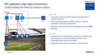 MEC application: edge video orchestration
Create exciting live views for stadium visitors
Use case
• Live camera signals are locally ingested and played out to
visitors in real time.
• Visitors can select between different cameras, which are
presented in HD and SD quality levels.
• Distribution over unicast and broadcast (based on local eMBMS
gateway).
Benefits
• Exciting service for event visitors, providing an immersive real
time experience: minimal delay from camera to device,
including encoding, play-out, decoding
• Video traffic does not put any strain on venue backhaul.
EPC
Media
room
MEC
Stadium
eNodeB
6 © Nokia 2017
 