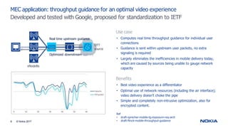 8 © Nokia 2017
Use case
• Computes real time throughput guidance for individual user
connections
• Guidance is sent within upstream user packets, no extra
signaling is required
• Largely eliminates the inefficiencies in mobile delivery today,
which are caused by sources being unable to gauge network
capacity
MEC application: throughput guidance for an optimal video experience
Developed and tested with Google, proposed for standardization to IETF
Real time upstream guidance
OTT
source
Optimized downstream delivery
eNodeBs
Benefits
• Best video experience as a differentiator
• Optimal use of network resources (including the air interface);
video delivery doesn’t choke the pipe
• Simple and completely non-intrusive optimization, also for
encrypted content.
Ref
• draft-sprecher-mobile-tg-exposure-req-arch
• draft-flinck-mobile-throughput-guidance
 