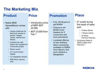 The Marketing Mix
Product                         Price                  Promotion               Place

• Nokia 5800      ...