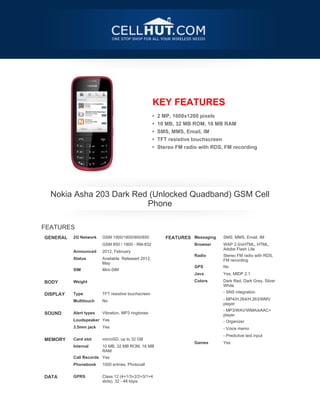 KEY FEATURES
                                                    •   2 MP, 1600x1200 pixels
                                                    •   10 MB, 32 MB ROM, 16 MB RAM
                                                    •   SMS, MMS, Email, IM
                                                    •   TFT resistive touchscreen
                                                    •   Stereo FM radio with RDS, FM recording




    Nokia Asha 203 Dark Red (Unlocked Quadband) GSM Cell
                           Phone

FEATURES
GENERAL   2G Network    GSM 1900/1800/900/850              FEATURES Messaging    SMS, MMS, Email, IM
                        GSM 850 / 1900 - RM-832                       Browser    WAP 2.0/xHTML, HTML,
                                                                                 Adobe Flash Lite
          Announced     2012, February
                                                                      Radio      Stereo FM radio with RDS,
          Status        Available. Released 2012,                                FM recording
                        May
                                                                      GPS        No
          SIM           Mini-SIM
 

                                                                      Java       Yes, MIDP 2.1

BODY      Weight                                                      Colors     Dark Red, Dark Grey, Silver
                                                                                 White

DISPLAY   Type          TFT resistive touchscreen                                - SNS integration

          Multitouch    No                                                       - MP4/H.264/H.263/WMV
 
                                                                                 player
                                                                                 - MP3/WAV/WMA/eAAC+
SOUND     Alert types   Vibration, MP3 ringtones                                 player
          Loudspeaker Yes                                                        - Organizer
          3.5mm jack    Yes                                                      - Voice memo
 




                                                                                 - Predictive text input
MEMORY    Card slot     microSD, up to 32 GB
                                                                      Games      Yes
          Internal      10 MB, 32 MB ROM, 16 MB
                        RAM
          Call Records Yes
          Phonebook     1000 entries, Photocall
 




DATA      GPRS          Class 12 (4+1/3+2/2+3/1+4
                        slots), 32 - 48 kbps
 