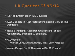 HR Quotient Of NOKIA
• 128,445 Employees in 120 Countries
• 39,350 people in R&D representing approx. 31% of total
workforce
• Nokia’s Industrial Research Unit consists of 5oo
researchers, engineers & Scientists.
• R&D centers
Brazil, China, England, Hungary, India, South Korea etc.
• Nokia’s Design Deptt. Remains in SALO, Finland
 