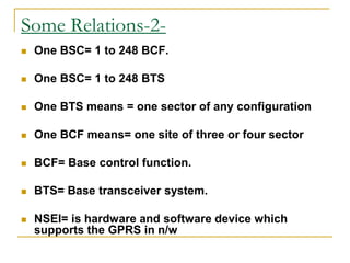 Some Relations-2-
 One BSC= 1 to 248 BCF.
 One BSC= 1 to 248 BTS
 One BTS means = one sector of any configuration
 One BCF means= one site of three or four sector
 BCF= Base control function.
 BTS= Base transceiver system.
 NSEI= is hardware and software device which
supports the GPRS in n/w
 