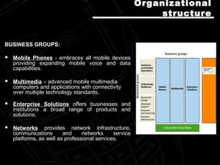 BUSINESS GROUPS:
 Mobile Phones - embraces all mobile devices
providing expanding mobile voice and data
capabilities.
 Multimedia – advanced mobile multimedia
computers and applications with connectivity
over multiple technology standards.
 Enterprise Solutions offers businesses and
institutions a broad range of products and
solutions.
 Networks provides network infrastructure,
communications and networks service
platforms, as well as professional services.
OrganiOrganizzationalational
structurestructure
 