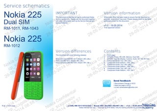 Nokia 225/225 Dual SIM, RM-1011/1012/1043 | Board: 4KX_26a/4KX_26b/4KY_26c | v1.0 | 19.05.2014 | Upknowledge
Nokia Internal Use only | Copyright © 2014 Nokia, Only for training and service purposes
1 (9) | Front page
Service schematics
Nokia 225
Dual SIM
Nokia 225
RM-1012
RM-1011, RM-1043
This document is intended for use by authorized Nokia
service centers only. Please use the document together
with other documents such as the Service Manual and
Service Bulletins.
1 Front page
2 MT6260, Power, HS USB, Memory, Dual SIM
3 MT6260, Keymat, Display, Camera, Audio, BT, FM, RF Part
4 Component finder Top ( 4KX_26a )
5 Component finder Bottom ( 4KX_26a )
6 Component finder Top ( 4KX_26b )
7 Component finder Bottom ( 4KX_26b )
8 Component finder Top ( 4KY_26c )
9 Component finder Bottom ( 4KY_26c )
This document will cover following releases:
Nokia 225 Dual SIM RM-1011 ( Board: 4KX_26a ).
Nokia 225 RM-1012 ( Board: 4KX_26b ).
Nokia 225 Dual SIM RM-1043 ( Board: 4KY_26c ).
Contents
IMPORTANT Version information
Version diﬀerences
While every eﬀort has been made to ensure that the document is
accurate, some errors may exist. Please always check for the latest
published version for this document.
v1.0 - 19.05.2014
-First approved version.
Send feedback
• Recommend Change in KICS
• Rate this page in KICS
• e-mail careacademy@nokia.com
 