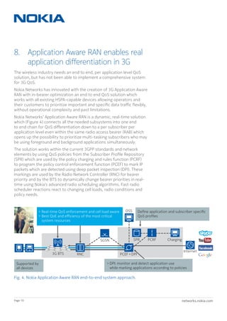 networks.nokia.comPage 10
8. Application Aware RAN enables real
application differentiation in 3G
The wireless industry needs an end to end, per application level QoS
solution, but has not been able to implement a comprehensive system
for 3G QoS.
Nokia Networks has innovated with the creation of 3G Application Aware
RAN with in-bearer optimization an end to end QoS solution which
works with all existing HSPA-capable devices allowing operators and
their customers to prioritize important and specific data traffic flexibly,
without operational complexity and past limitations.
Nokia Networks’ Application Aware RAN is a dynamic, real-time solution
which (Figure 4) connects all the needed subsystems into one end
to end chain for QoS differentiation down to a per subscriber per
application level even within the same radio access bearer (RAB) which
opens up the possibility to prioritize multi-tasking subscribers who may
be using foreground and background applications simultaneously.
The solution works within the current 3GPP standards and network
elements by using QoS policies from the Subscriber Profile Repository
(SPR) which are used by the policy charging and rules function (PCRF)
to program the policy control enforcement function (PCEF) to mark IP
packets which are detected using deep packet inspection (DPI). These
markings are used by the Radio Network Controller (RNC) for bearer
priority and by the BTS to dynamically change bearer priorities in real-
time using Nokia’s advanced radio scheduling algorithms. Fast radio
scheduler reactions react to changing cell loads, radio conditions and
policy needs.
3G BTS RNC
Define application and subscriber specific
QoS profiles
Internet
Charging
PCEF+DPI
 DPI: monitor and detect application use
while marking applications according to policies
SGSN PCRFSPR
Supported by
all devices
 Real-time QoS enforcement and cell load aware
Best QoE and eﬀiciency of the most critical
system resources

OSS
Fig. 4. Nokia Application Aware RAN end-to-end system approach.
 