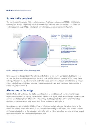 PureView imaging technology.




So how is this possible?
The starting point is a super-high-resolution sensor. This has an active area of 7728 x 5368 pixels,
totalling over 41Mpix. Depending on the aspect ratio you choose, it will use 7728 x 4354 pixels for
16:9 images/videos, or 7152 x 5368 pixels for 4:3 images/videos as is shown in Figure 1.




Figure 1. The image circle and the 16:9 and 4:3 image areas



What happens next depends on the settings and whether or not you’re using zoom. But to give you
an idea, the default still image setting is 5Mpix at 16:9, and for video it’s 1080p at 30fps. Using these
settings, the zoom is around 3x for stills and 4x for video. Conventional zoom tends to scale up images
from a relatively low resolution, resulting in poor image quality. We were convinced there must be a
better way, and we found it.

Always true to the image
With the Nokia N8, we limited the digital zoom to just 2x to avoid too much compromise to image
quality. But at the end of the day, this was still a conventional digital zoom. With the Nokia 808 PureView,
zoom is handled completely differently — like nothing that has gone before. We’ve taken the radical
decision not to use any upscaling whatsoever. There isn’t even a setting for it.

When you zoom with the Nokia 808 PureView, in effect you are just selecting the relevant area of the
sensor. So with no zoom, the full area of the sensor corresponding to the aspect ratio is used. The limit
of the zoom (regardless of the resolution setting for stills or video) is reached when the selected output
resolution becomes the same as the input resolution.



©2012 Nokia
                                                                                                               3
 