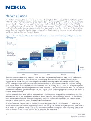 4 White paper
Deploying 5G networks
© 2020 Nokia2
Figure 1 The 4th Industrial Revolution is characterized by socio-economic change
underpinned by new technologies
Industrial
change
Economic
flexibility 
social mobility
Social 
human impact
1770 1870 1970 +2020
2nd Industrial
Revolution
3rd Industrial
Revolution
4th Industrial
Revolution
1st Industrial
Revolution
Steam
Electricity
IT
5G
Mass production
PCs, automation
Mechanization
AI, Cloud, robotics
Enabler
Driver
02
Market situation
For the last ten years, the world has been moving into a digitally defined era, or 4th Industrial Revolution
(4IR)1
. The 4IR marks the next phase of development that is changing the way we live, work and relate to
one another (see Figure 1). However, these changes are linked to technology as never before. The last
five years have seen great economic, political, and social changes that will impact the current decade. For
each national or global emergency, communications technologies have played their part in keeping first
responders and medical professionals connected, allowed businesses to continue operating in a virtual
world, and kept families and friends in touch.
Figure 1. The 4th Industrial Revolution is characterized by socio-economic change underpinned by new
technologies2
Many countries have recently emerged from austerity programs implemented after the 2008 financial
crisis. However, the lack of investment and cuts to key public services and infrastructure projects
triggered civil unrest, anti-globalization protests and nationalist political movements. Global supply
chains underpinning business models have been disrupted by nationalism and trade disputes, leaving
enterprises cut off from suppliers and/or customers, and face rising production costs. Many enterprises
strive to identify new modes of operation and new partners to ensure continued success. The coronavirus
pandemic is stretching governments further, with higher public spending required to restore the health of
citizens and economies.
Socially we have seen smart devices, online stores, streamed video and gaming content move into the
mainstream, and as the cost per bit decreases, these activities are increasingly mobile. The way people
work, shop and socialize has changed completely, while the coronavirus pandemic has further driven
individuals and businesses online and into virtual interactions.
At a national level, the coronavirus pandemic has shown governments the importance of investing in
health and social care to avoid economic paralysis. And the global climate emergency means governments
must invest in a green recovery to reduce pollution and power consumption while increasing agricultural
productivity, economic output, and access to business and education.
 