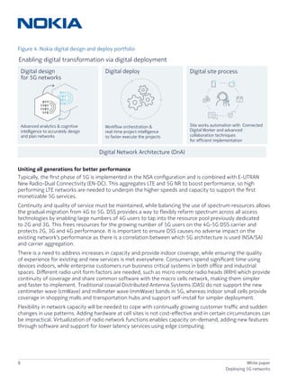 8 White paper
Deploying 5G networks
Figure 4. Nokia digital design and deploy portfolio
Uniting all generations for better performance
Typically, the first phase of 5G is implemented in the NSA configuration and is combined with E-UTRAN
New Radio-Dual Connectivity (EN-DC). This aggregates LTE and 5G NR to boost performance, so high
performing LTE networks are needed to underpin the higher speeds and capacity to support the first
monetizable 5G services.
Continuity and quality of service must be maintained, while balancing the use of spectrum resources allows
the gradual migration from 4G to 5G. DSS provides a way to flexibly refarm spectrum across all access
technologies by enabling large numbers of 4G users to tap into the resource pool previously dedicated
to 2G and 3G. This frees resources for the growing number of 5G users on the 4G-5G DSS carrier and
protects 2G, 3G and 4G performance. It is important to ensure DSS causes no adverse impact on the
existing network’s performance as there is a correlation between which 5G architecture is used (NSA/SA)
and carrier aggregation.
There is a need to address increases in capacity and provide indoor coverage, while ensuring the quality
of experience for existing and new services is met everywhere. Consumers spend significant time using
devices indoors, while enterprise customers run business critical systems in both office and industrial
spaces. Different radio unit form factors are needed, such as micro remote radio heads (RRH) which provide
continuity of coverage and share common software with the macro cells network, making them simpler
and faster to implement. Traditional coaxial Distributed Antenna Systems (DAS) do not support the new
centimeter wave (cmWave) and millimeter wave (mmWave) bands in 5G, whereas indoor small cells provide
coverage in shopping malls and transportation hubs and support self-install for simpler deployment.
Flexibility in network capacity will be needed to cope with continually growing customer traffic and sudden
changes in use patterns. Adding hardware at cell sites is not cost-effective and in certain circumstances can
be impractical. Virtualization of radio network functions enables capacity on-demand, adding new features
through software and support for lower latency services using edge computing.
Enabling digital transformation via digital deployment
Digital site process
Site works automation with Connected
Digital Worker and advanced
collaboration techniques
for efficient implementation
Digital deploy
Workflow orchestration 
real-time project intelligence
to faster execute the projects
Digital design
for 5G networks
Advanced analytics  cognitive
intelligence to accurately design
and plan networks
Digital Network Architecture (DnA)
 