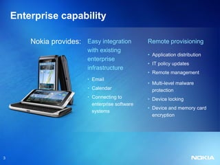 Enterprise capability

        Nokia provides: Easy integration          Remote provisioning
                          with existing
                                                  • Application distribution
                          enterprise
                                                  • IT policy updates
                          infrastructure
                                                  • Remote management
                          • Email
                                                  • Multi-level malware
                          • Calendar                protection
                          • Connecting to         • Device locking
                            enterprise software
                                                  • Device and memory card
                            systems
                                                    encryption




3
 