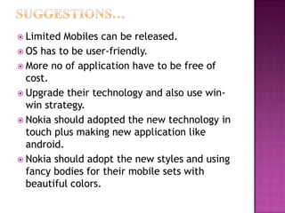  Limited

Mobiles can be released.
 OS has to be user-friendly.
 More no of application have to be free of
cost.
 Upgrade their technology and also use winwin strategy.
 Nokia should adopted the new technology in
touch plus making new application like
android.
 Nokia should adopt the new styles and using
fancy bodies for their mobile sets with
beautiful colors.

 