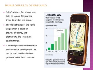 

Nokia's strategy has always been
built on looking forward and
trying to predict the future.



The main strategy of the Nokia
Corporation is based on
growth, efficiency and
profitability and focuses on

several things.


It also emphasizes on sustainable
environmental development that
can be used to offer the best
products to the final consumer.

 