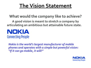What would the company like to achieve? A good vision is meant to stretch a company by articulating an ambitious but attainable future state.   The Vision Statement What would the company like to achieve? A good vision is meant to stretch a company by articulating an ambitious but attainable future state.   Nokia is the world’s largest manufacturer of mobile phones and operates with a simple but powerful vision: “If it can go mobile, it will!” 