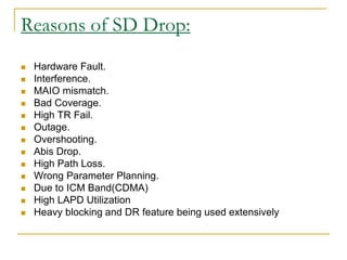Reasons of SD Drop:
 Hardware Fault.
 Interference.
 MAIO mismatch.
 Bad Coverage.
 High TR Fail.
 Outage.
 Overshooting.
 Abis Drop.
 High Path Loss.
 Wrong Parameter Planning.
 Due to ICM Band(CDMA)
 High LAPD Utilization
 Heavy blocking and DR feature being used extensively
 