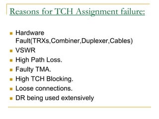 Reasons for TCH Assignment failure:
 Hardware
Fault(TRXs,Combiner,Duplexer,Cables)
 VSWR
 High Path Loss.
 Faulty TMA.
 High TCH Blocking.
 Loose connections.
 DR being used extensively
 