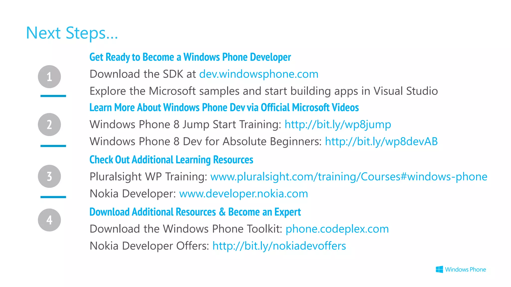Next Steps…
Get Ready to Become a Windows Phone Developer
Download the SDK at dev.windowsphone.com
Explore the Microsoft samples and start building apps in Visual Studio
Learn More About Windows Phone Devvia Official Microsoft Videos
Windows Phone 8 Jump Start Training: http://bit.ly/wp8jump
Windows Phone 8 Dev for Absolute Beginners: http://bit.ly/wp8devAB
Check Out Additional Learning Resources
Pluralsight WP Training: www.pluralsight.com/training/Courses#windows-phone
Nokia Developer: www.developer.nokia.com
Download Additional Resources & Become an Expert
Download the Windows Phone Toolkit: phone.codeplex.com
Nokia Developer Offers: http://bit.ly/nokiadevoffers
32
1
2
3
4
 