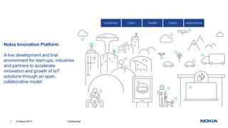 1 © Nokia 2015 Confidential
Nokia Innovation Platform
A live development and trial
environment for start-ups, industries
and partners to accelerate
innovation and growth of IoT
solutions through an open,
collaborative model
 
