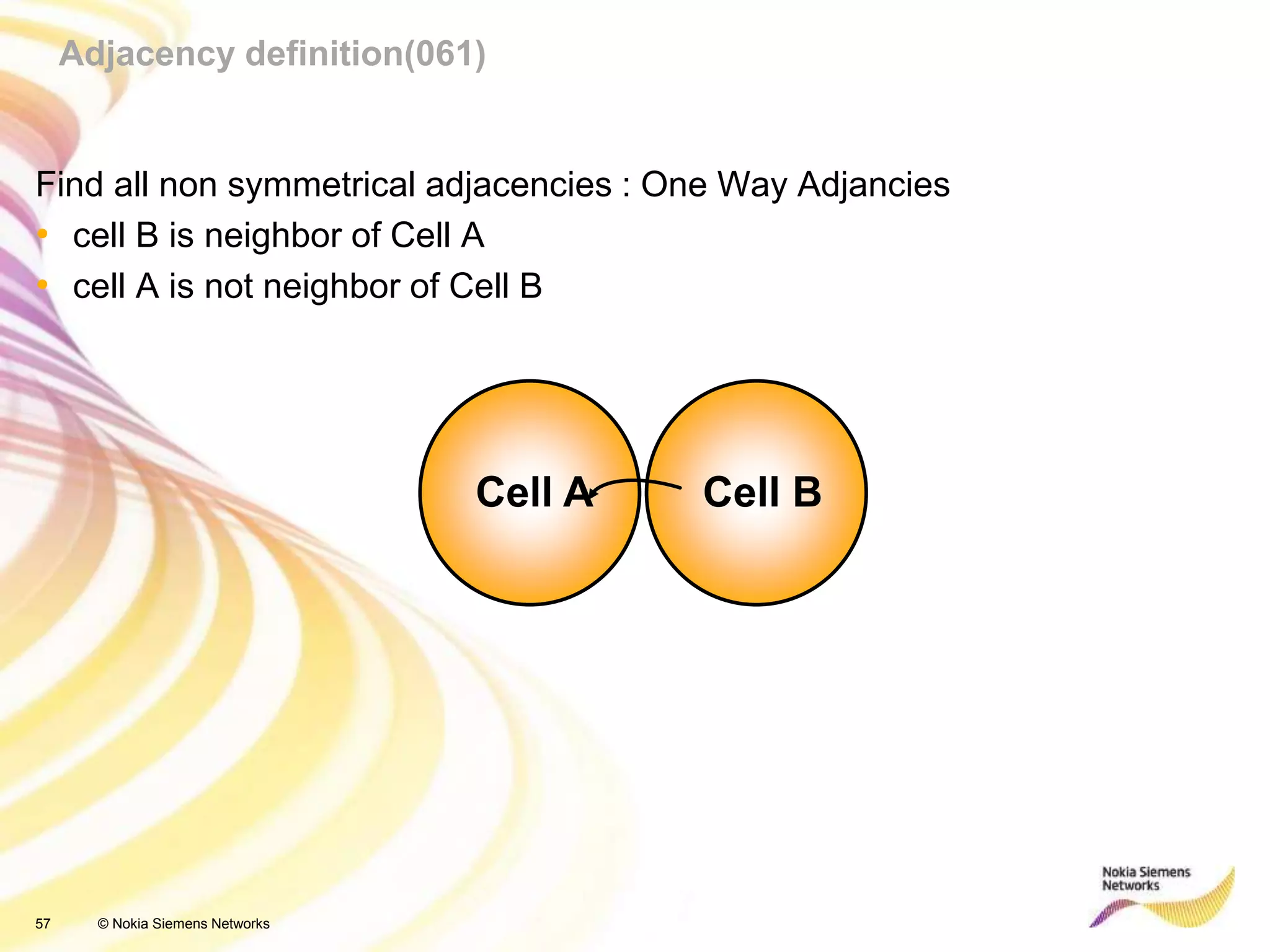 57 © Nokia Siemens Networks
Cell A Cell B
Adjacency definition(061)
Find all non symmetrical adjacencies : One Way Adjancies
• cell B is neighbor of Cell A
• cell A is not neighbor of Cell B
 