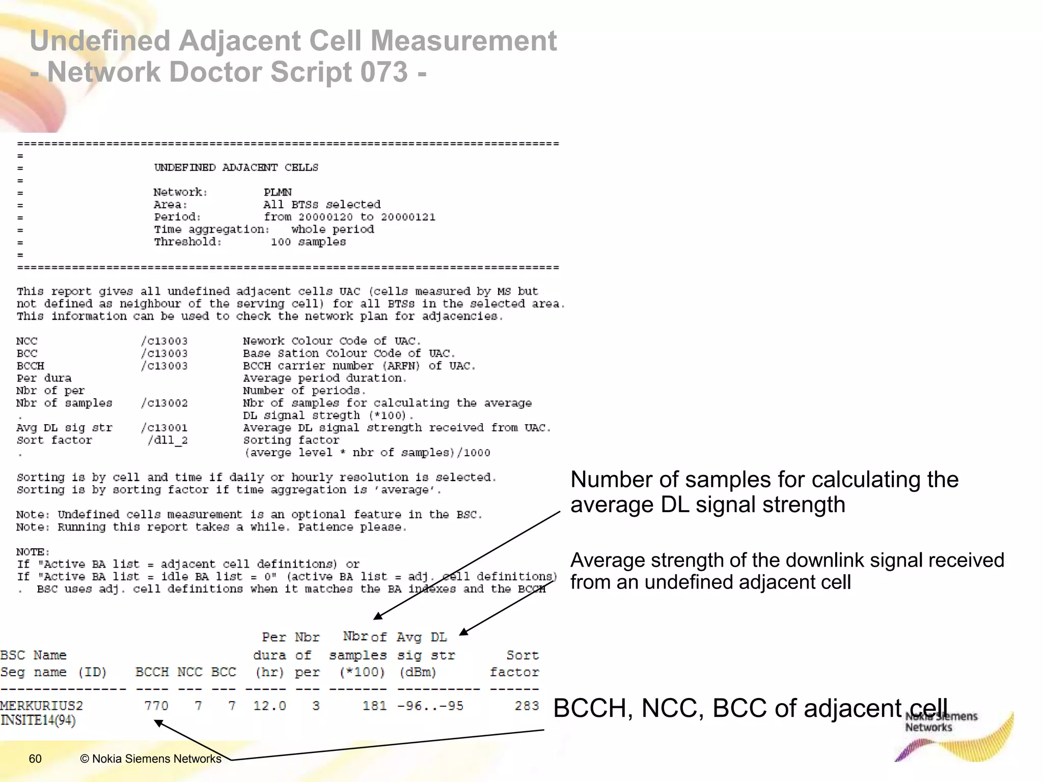 60 © Nokia Siemens Networks
Undefined Adjacent Cell Measurement
- Network Doctor Script 073 -
Average strength of the downlink signal received
from an undefined adjacent cell
Number of samples for calculating the
average DL signal strength
BCCH, NCC, BCC of adjacent cell
 