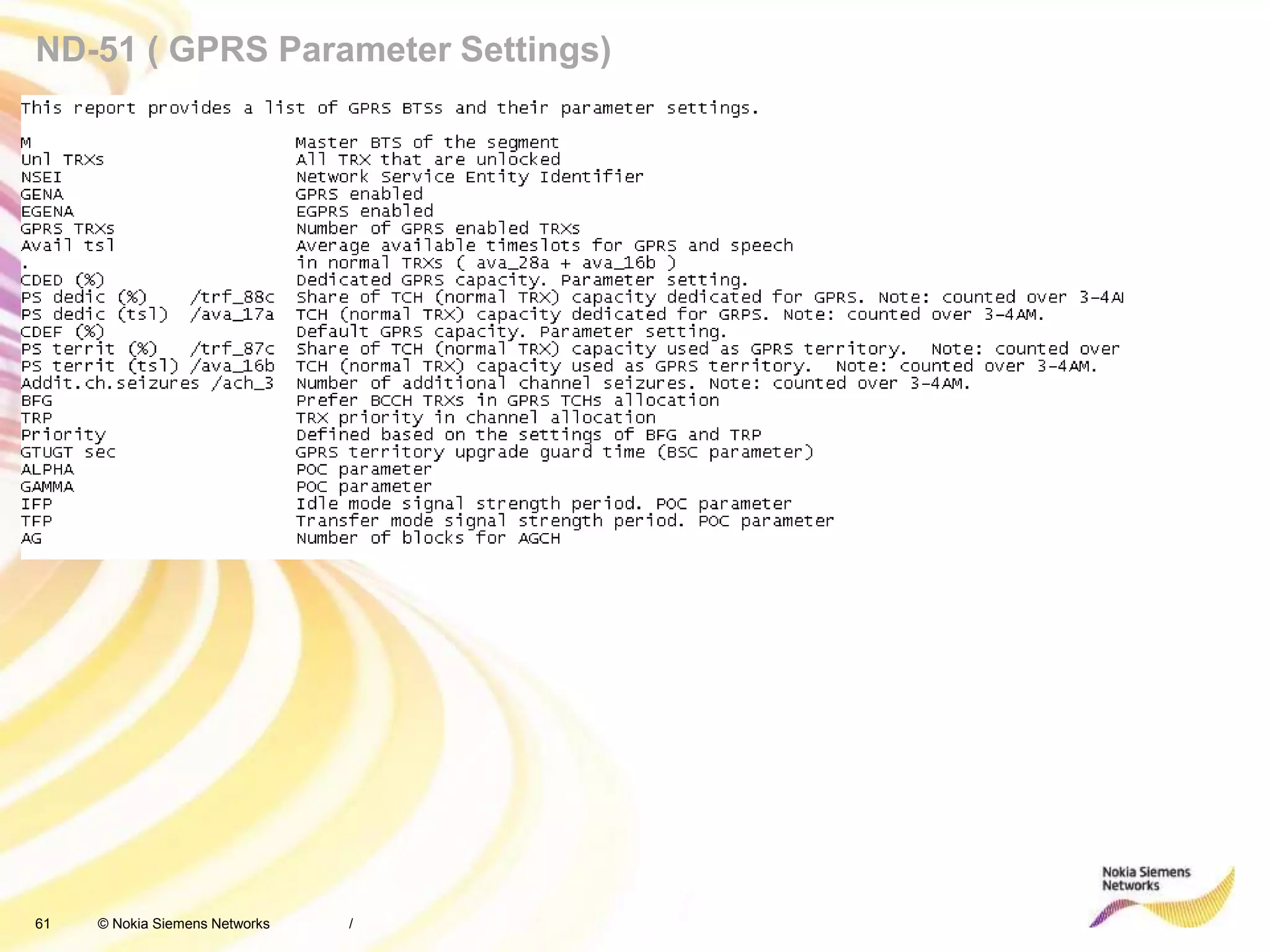 61 © Nokia Siemens Networks
ND-51 ( GPRS Parameter Settings)
/
 