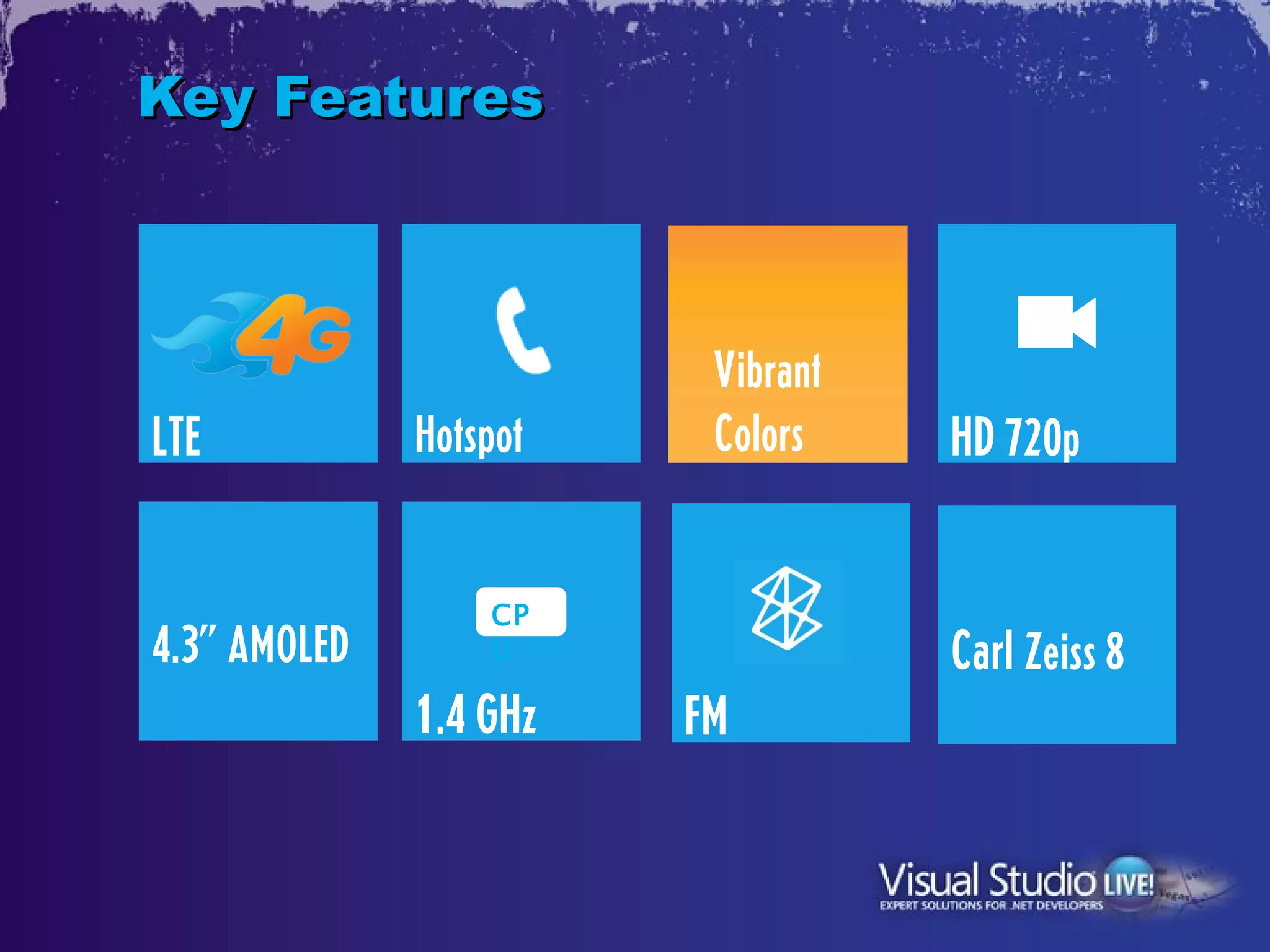 Key Features



                         Vibrant
LTE           Hotspot    Colors    HD 720p

                  CP
4.3” AMOLED       U                Carl Zeiss 8
              1.4 GHz   FM
 