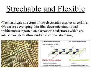 Strechable and Flexible
•The nanoscale structure of the electronics enables stretching.
•Nokia are developing thin film electronic circuits and
architecture supported on elastomeric substrates which are
robust enough to allow multi directional stretching.

 