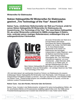 Nokian Tyres Presse-Info Nr. 427 Deutschland 3.052 Zeichen Seite 1
Winterreifen für Elektroautos
Nokian Hakkapeliitta R2 W...