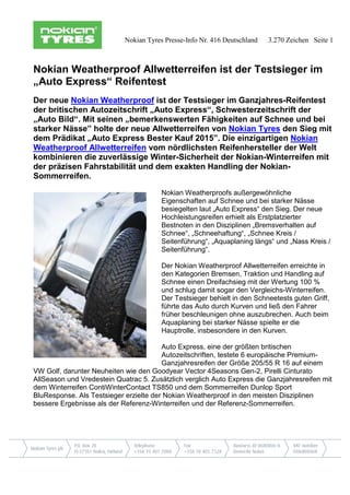 „Auto der Weatherproof Reifentest ist Express“ Testsieger Nokian Allwetterreifen im PDF |