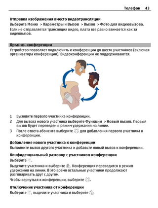 Телефон       43

Отправка изображения вместо видеотрансляции
Выберите Меню > Параметры и Вызов > Вызов > Фото для видеовызова.
Если не отправляется трансляция видео, плата все равно взимается как за
видеовызов.


Организ. конференции
Устройство позволяет подключить к конференции до шести участников (включая
организатора конференции). Видеоконференции не поддерживаются.




1   Вызовите первого участника конференции.
2   Для вызова нового участника выберите Функции > Новый вызов. Первый
    вызов будет переведен в режим удержания на линии.
3   После ответа абонента выберите    для добавления первого участника к
    конференции.
Добавление нового участника к конференции
Выполните вызов другого участника и добавьте новый вызов к конференции.
Конфиденциальный разговор с участником конференции
Выберите .
Выделите участника и выберите . Конференция переводится в режим
удержания на линии. В это время остальные участники продолжают
разговаривать друг с другом.
Чтобы вернуться к конференции, выберите     .

Отключение участника от конференции
Выберите , выделите участника и выберите    .
 