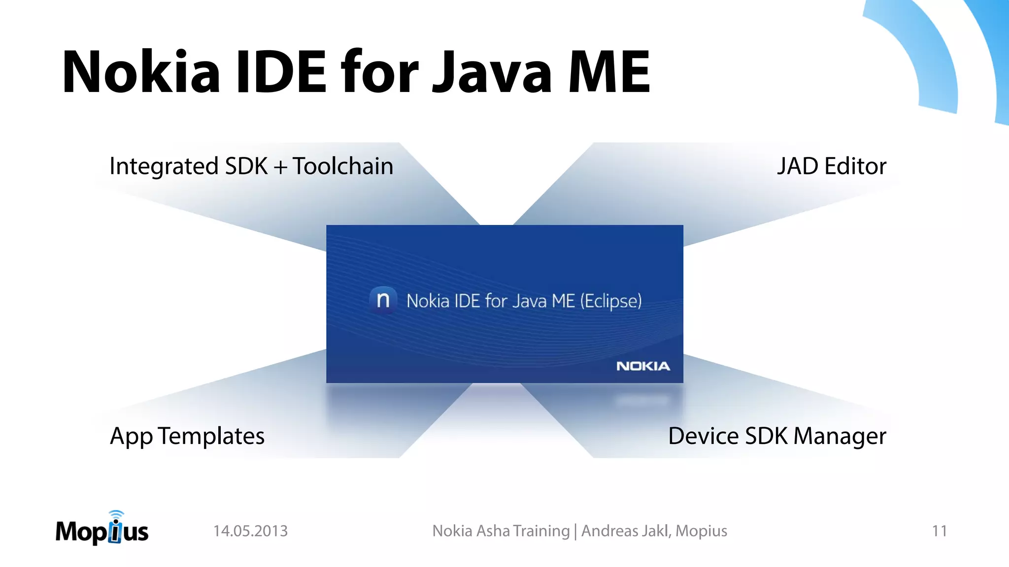 Nokia IDE for Java ME
14.05.2013 Nokia Asha Training | Andreas Jakl, Mopius 11
Device SDK Manager
Integrated SDK + Toolchain
App Templates
JAD Editor
 