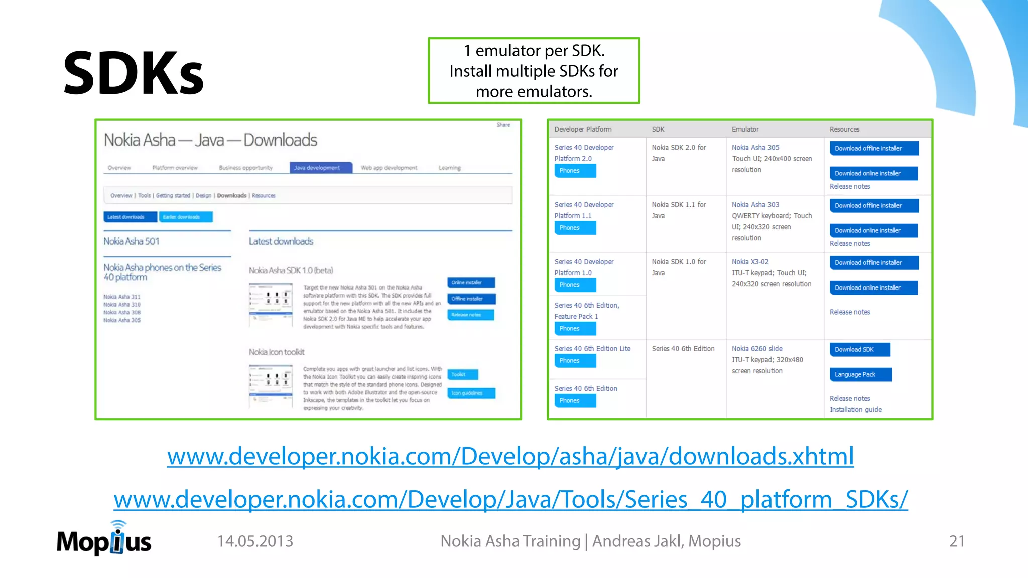 SDKs
14.05.2013 Nokia Asha Training | Andreas Jakl, Mopius 21
www.developer.nokia.com/Develop/Java/Tools/Series_40_platform_SDKs/
1 emulator per SDK.
Install multiple SDKs for
more emulators.
www.developer.nokia.com/Develop/asha/java/downloads.xhtml
 