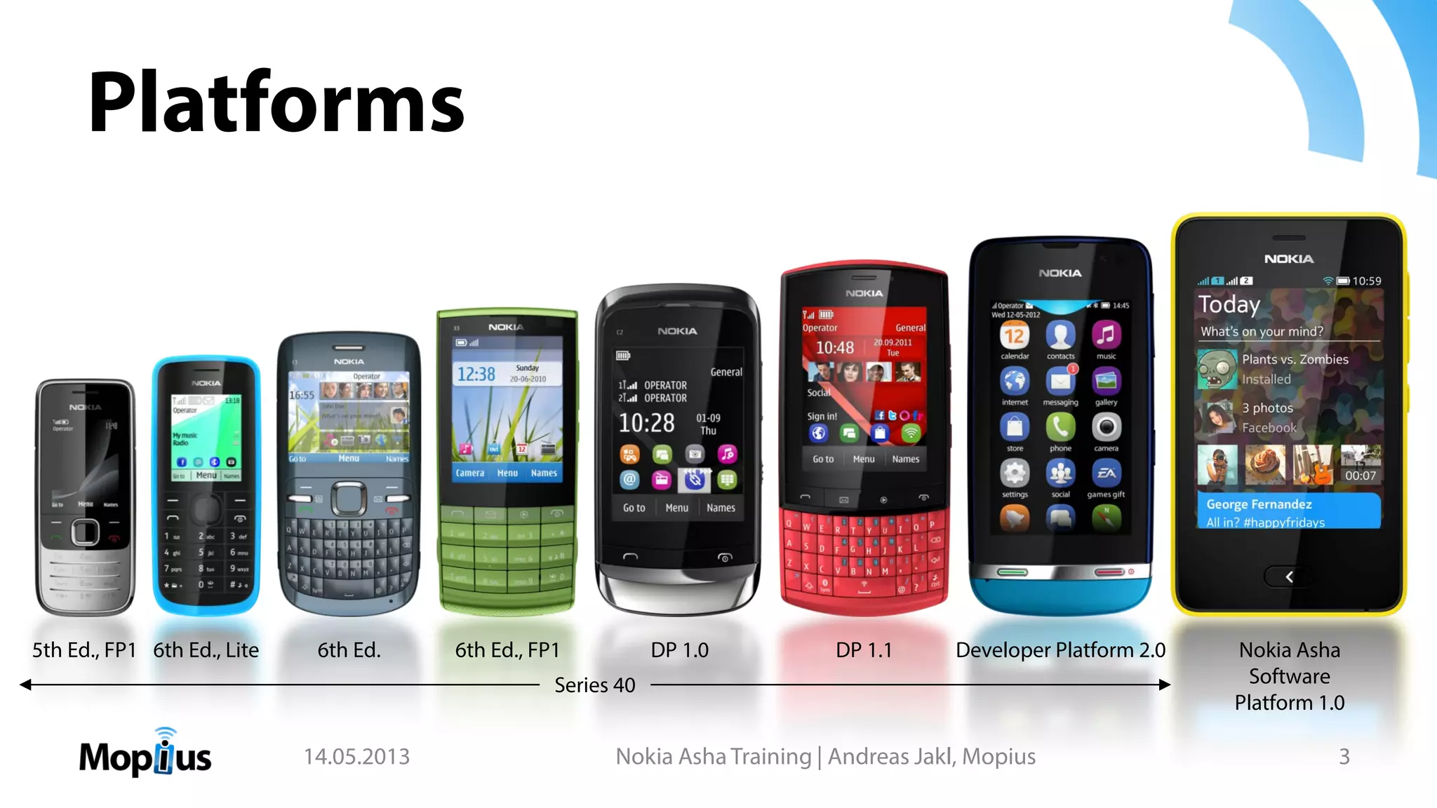 Platforms
14.05.2013 Nokia Asha Training | Andreas Jakl, Mopius 3
Developer Platform 2.0DP 1.1DP 1.06th Ed., FP16th Ed.6th Ed., Lite5th Ed., FP1 Nokia Asha
Software
Platform 1.0
Series 40
 
