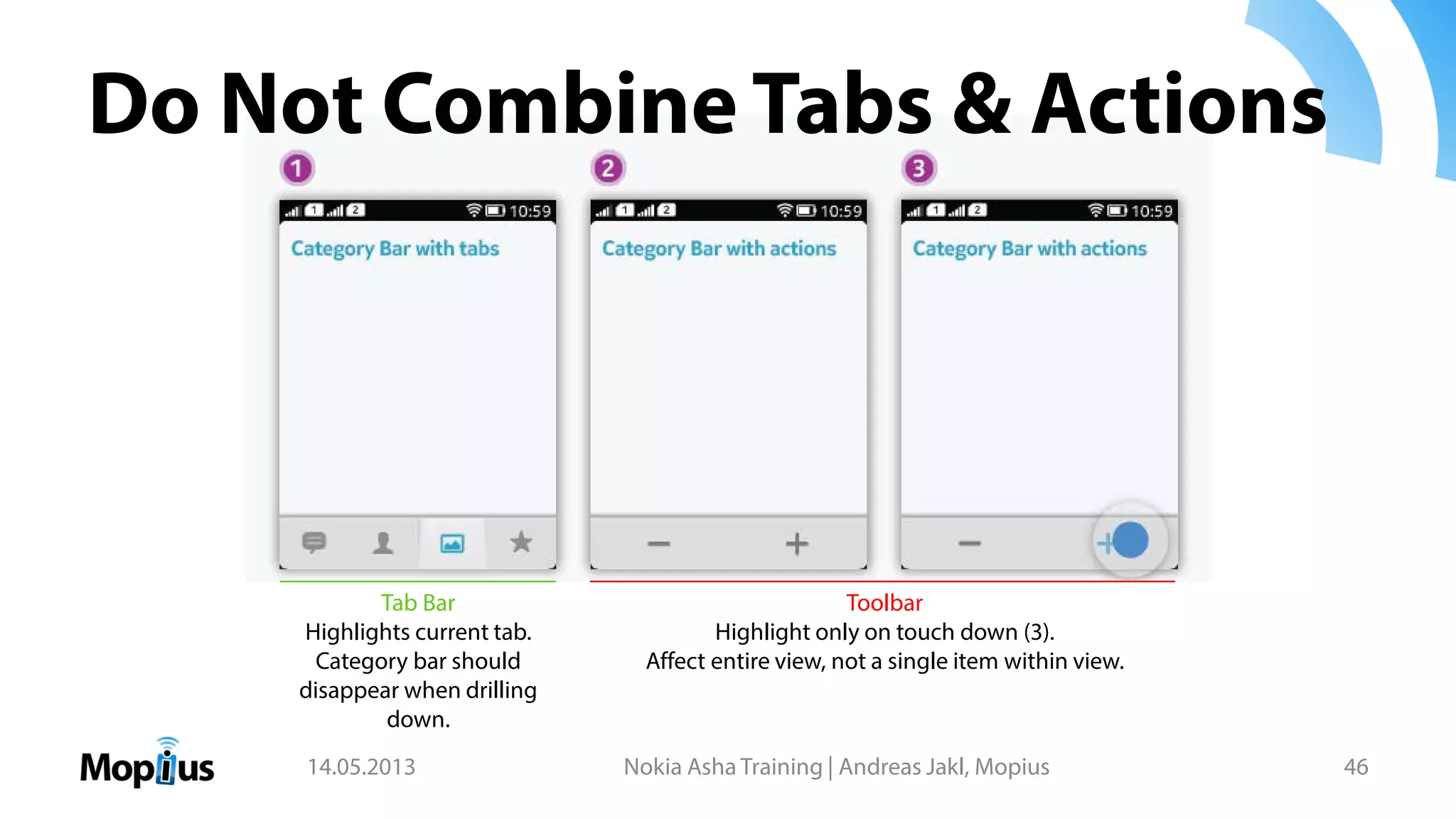 Do Not Combine Tabs & Actions
14.05.2013 Nokia Asha Training | Andreas Jakl, Mopius 46
Tab Bar
Highlights current tab.
Category bar should
disappear when drilling
down.
Toolbar
Highlight only on touch down (3).
Affect entire view, not a single item within view.
 