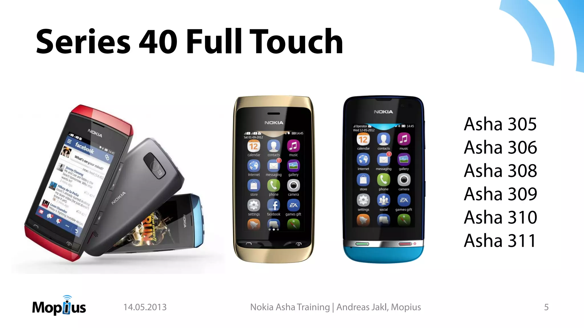 Series 40 Full Touch
14.05.2013 Nokia Asha Training | Andreas Jakl, Mopius 5
Asha 305
Asha 306
Asha 308
Asha 309
Asha 310
Asha 311
 