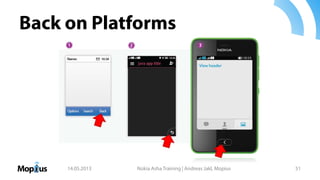 Back on Platforms
14.05.2013 Nokia Asha Training | Andreas Jakl, Mopius 51
 