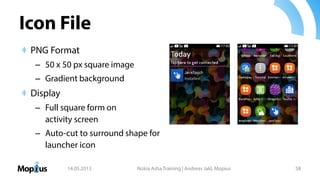 Icon File
PNG Format
– 50 x 50 px square image
– Gradient background
Display
– Full square form on
activity screen
– Auto-cut to surround shape for
launcher icon
14.05.2013 Nokia Asha Training | Andreas Jakl, Mopius 58
 