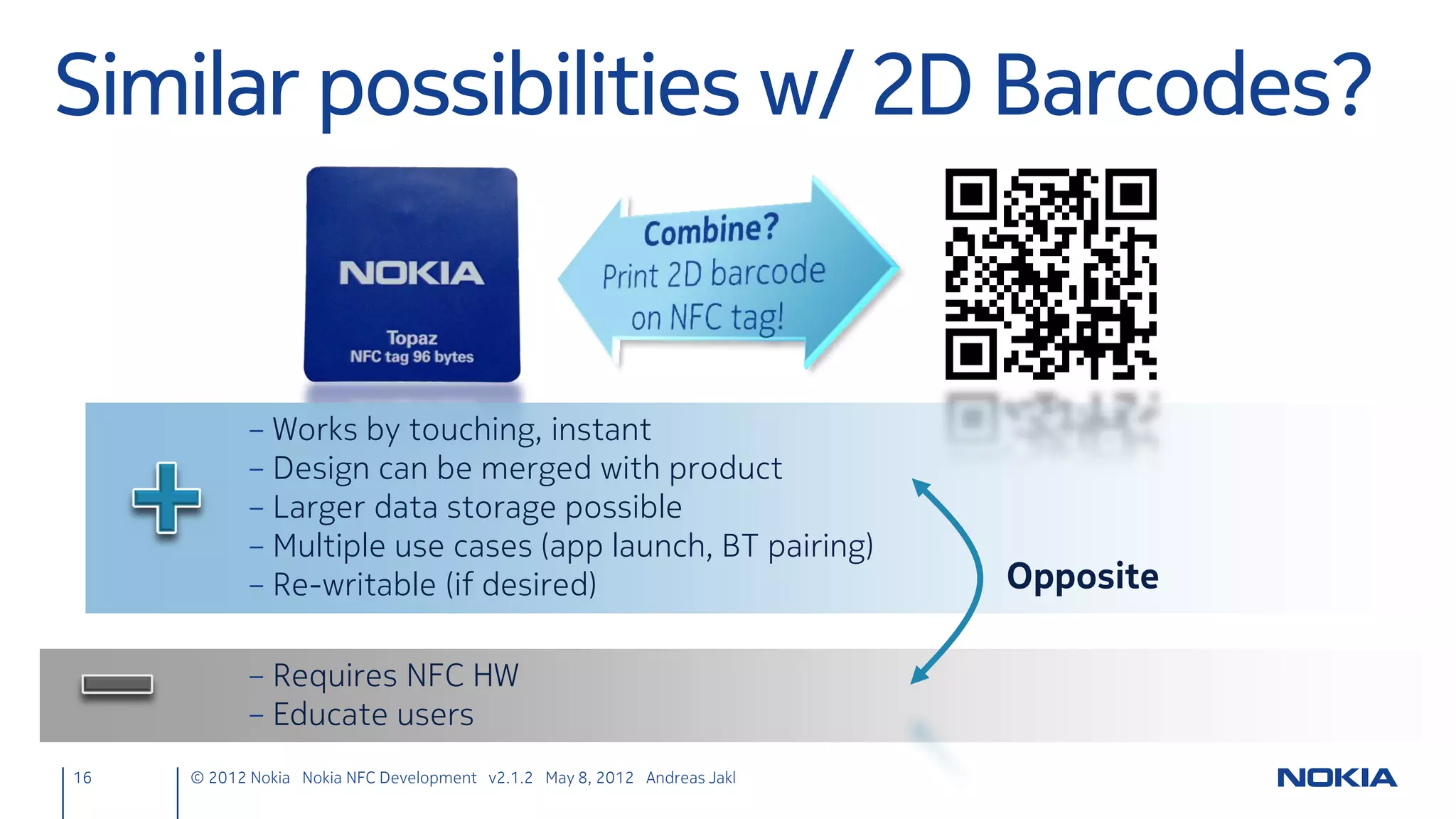 Nfc Corkboard
                             https://projects.developer.nokia.com/nfccorkboards


                                                                      Tasks
                                                                      – Extend Qt SDK example with NFC:
                                                                        Touch tag to create note
                                                                      – Qt Quick based UI
                                                                      – C++ based NFC
                                                                      – Integrate C++ with QML




16   © 2012 Nokia Nokia NFC Development with Qt v2.2.0 November 5, 2012 Andreas Jakl
 