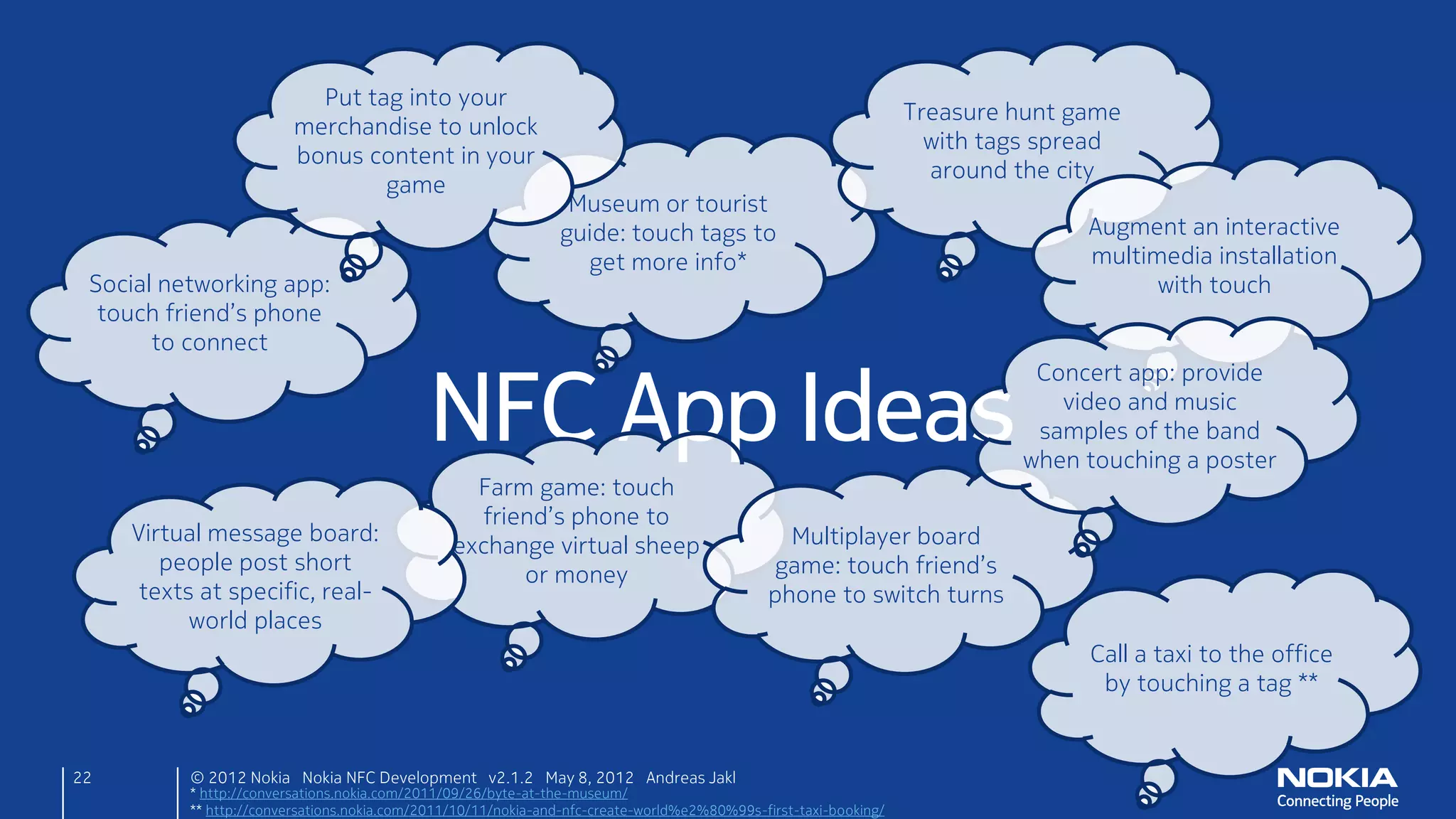 Add Connectivity
• Edit the Qt project file (corkboards.pro)
     – Uncomment & add mobility component: connectivity
     CONFIG += mobility
     MOBILITY += connectivity

     – Add LocalServices Capability (for Symbian)
     symbian:TARGET.CAPABILITY += NetworkServices LocalServices

                                                  Allows Internet access                  Allows NFC


22      © 2012 Nokia Nokia NFC Development with Qt v2.2.0 November 5, 2012 Andreas Jakl
 
