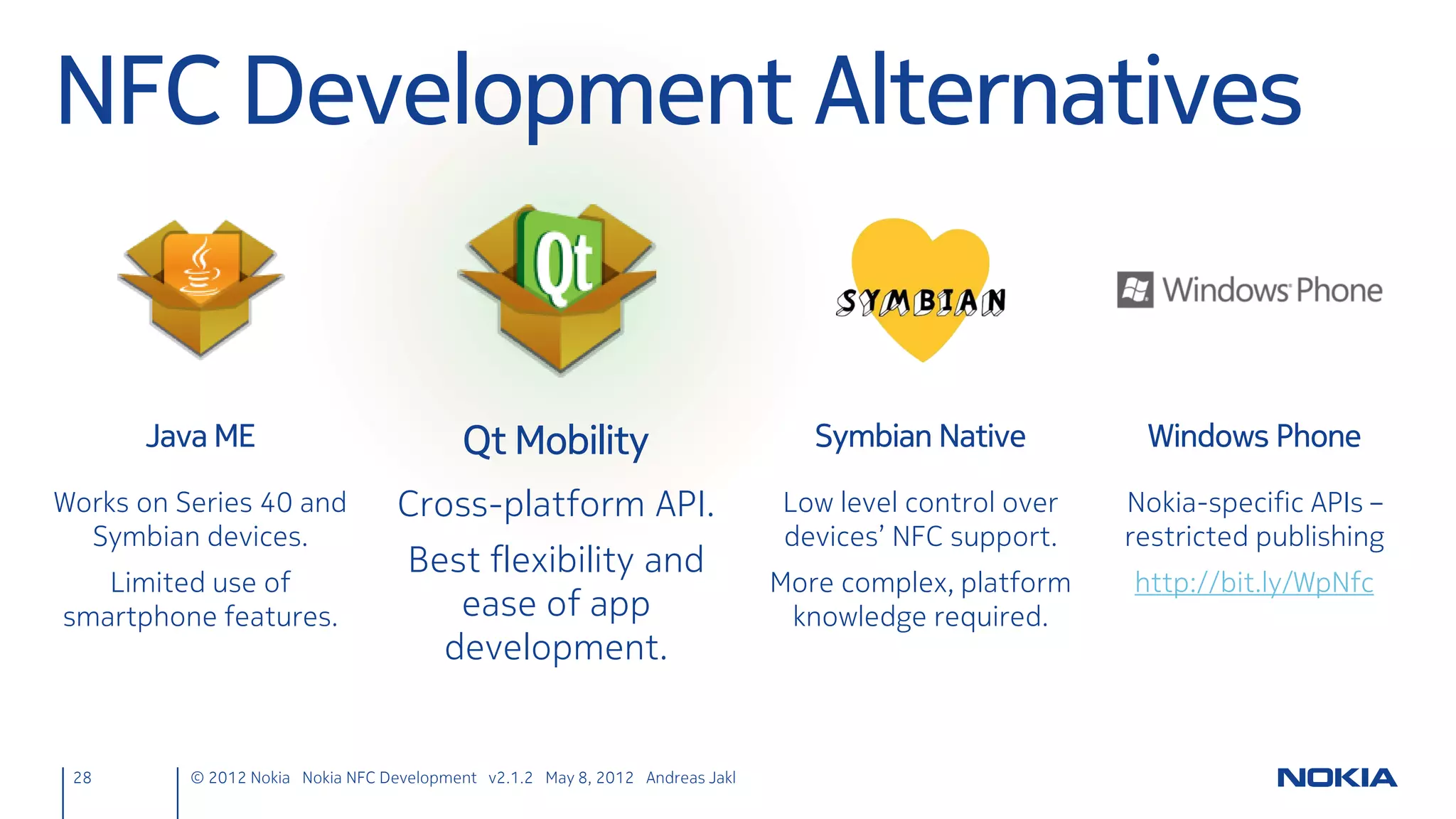 Include
• Headers, define member variable
                    ndefmanager.h
                     #include <qnearfieldmanager.h>
                     #include <qndeffilter.h>
                     #include <qnearfieldtarget.h>
                     #include <qndefmessage.h>
                     #include <qndefrecord.h>
                     #include <qndefnfcurirecord.h>
                     #include <QUrl>
                     #include <QDebug> // we will test first!
                     QTM_USE_NAMESPACE // Use Qt Mobility namespace

                     [...]
                     private:
                         QNearFieldManager *nfcManager;
28   © 2012 Nokia Nokia NFC Development with Qt v2.2.0 November 5, 2012 Andreas Jakl
 