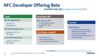 NFC Developer Offering Beta
                                                                         Available today @ developer.nokia.com/NFC


Tools                                                      Developer HW
Qt Development                                             NFC Device KIT *
- Qt SDK 1.1.4                                             – C7 with Symbian Anna                        Channel
- Qt Mobility 1.2                                          – Sample NFC Tags
                                                           – € 180                                       Nokia Store
Symbian Development                                                                                      -   C7 w Anna (free apps only)
- Symbian^3 SDK 1.0                                         Developer support                            -   Belle devices (no restrictions)
- NFC plugin                                                                                             -   NFC feature handling
                                                                                                             implementation required for C7
Java ME development                                         - Discussion Board                               w Symbian Anna
                                                            - Ticket based support
- Symbian^3 SDK 1.0                                         - 1-2-1 support (for partners)
- NFC plugin



                                                                               * available to Nokia Developer Launchpad / PRO members
28          © 2011 Nokia NFC Technology for Partners 1.0 Nov. 2011 ChunAn Li
 
